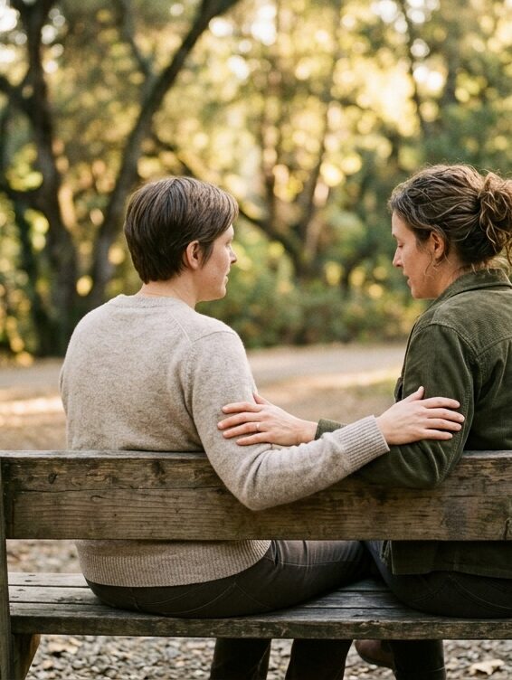 Two friends sit close on a park bench in warm light, a quiet moment of support after noticing signs of addiction