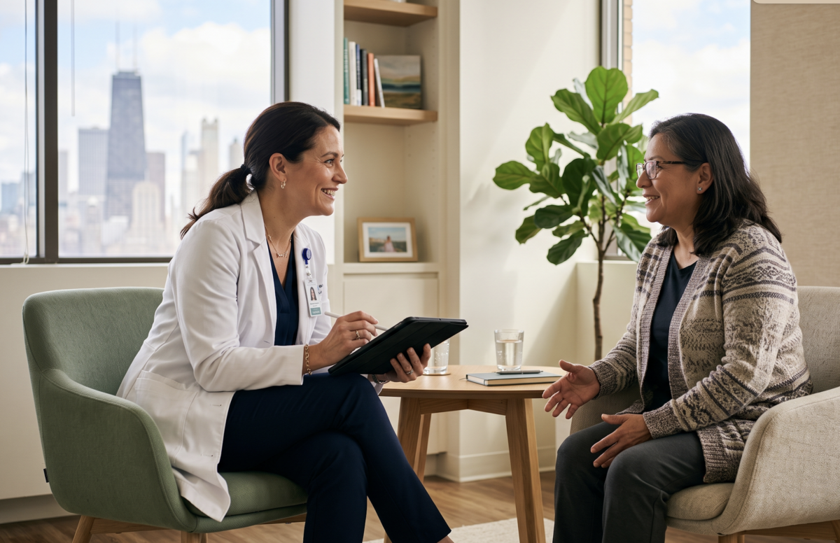A patient and a healthcare provider having a calm conversation in a warm Chicago clinic while finding a Suboxone doctor in Chicago