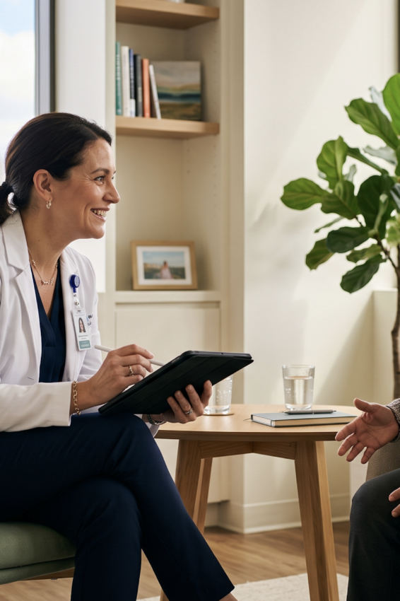 A patient and a healthcare provider having a calm conversation in a warm Chicago clinic while finding a Suboxone doctor in Chicago
