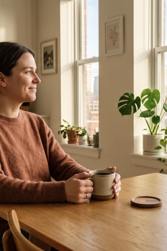 Person sitting at home with morning coffee representing the decision to start Suboxone treatment in Chicago