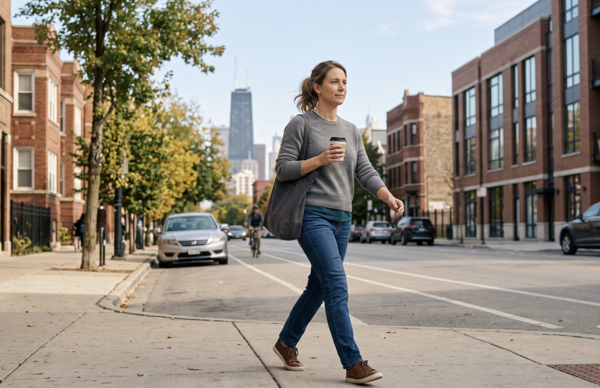Person walking confidently along a Chicago street representing everyday life continuing during Suboxone or methadone treatment