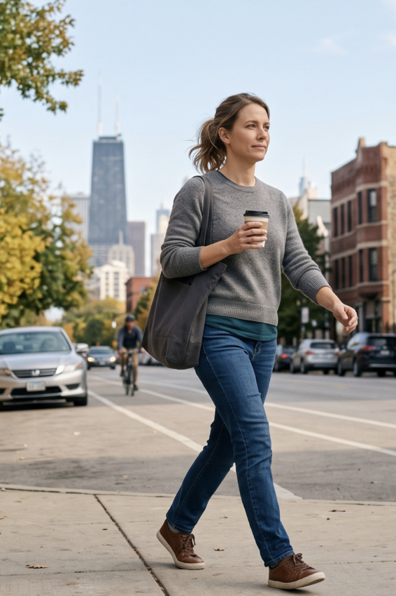 Person walking confidently along a Chicago street representing everyday life continuing during Suboxone or methadone treatment