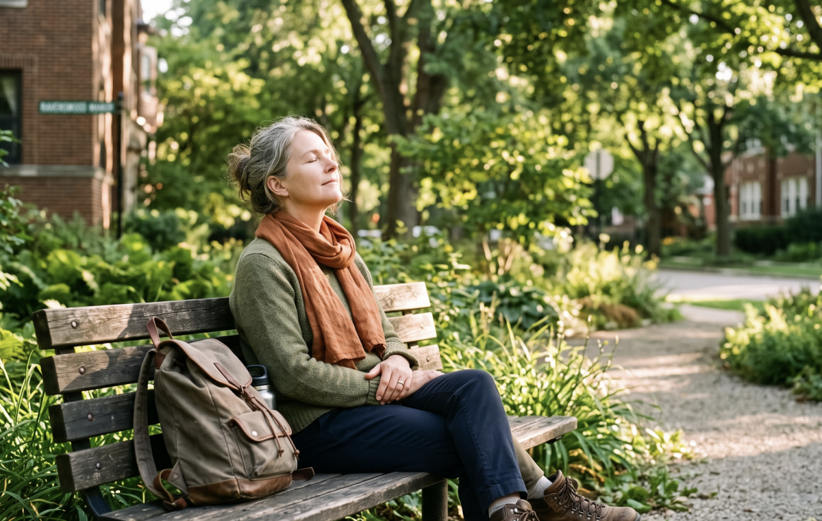 Person resting peacefully on a Chicago park bench representing the ongoing healing journey during PAWS recovery