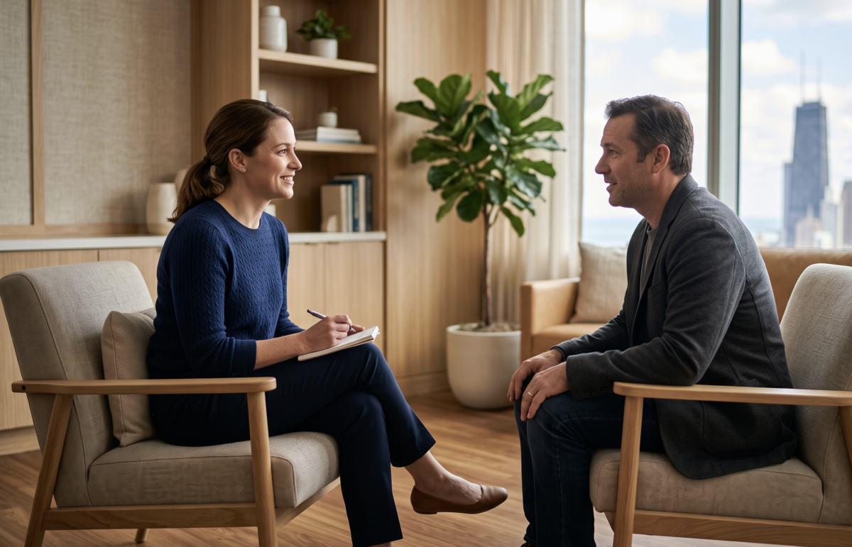 Patient and outpatient care provider having a supportive conversation during a fentanyl treatment appointment in Chicago
