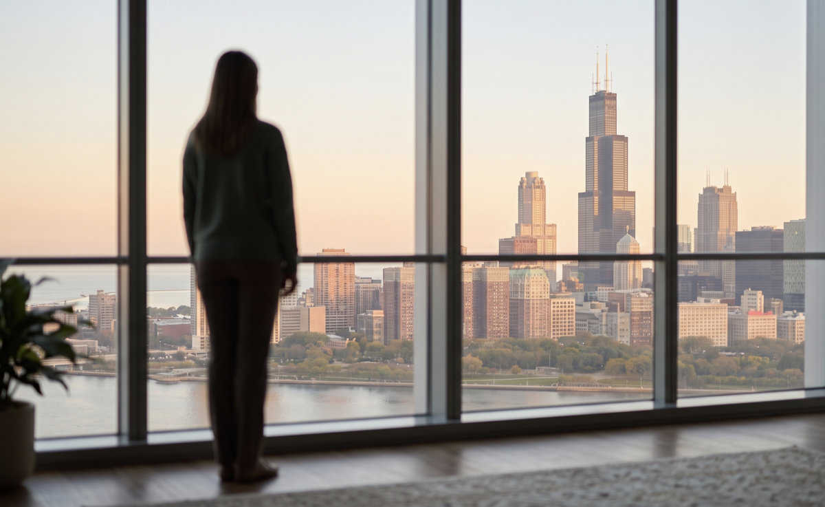 Person looking out at the Chicago skyline at sunrise, symbolizing a fresh start in opioid withdrawal recovery