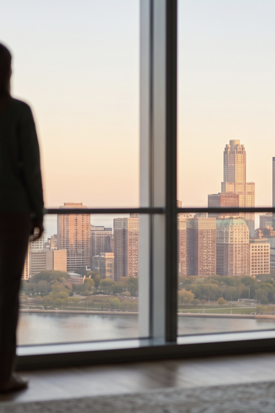 Person looking out at the Chicago skyline at sunrise, symbolizing a fresh start in opioid withdrawal recovery