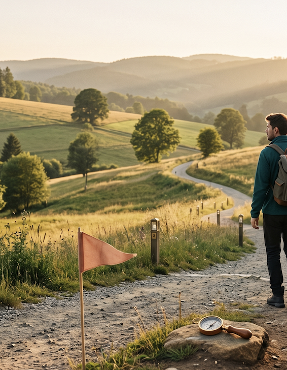 A person walking along a winding gravel path through rolling green hills toward a glowing golden sunset.