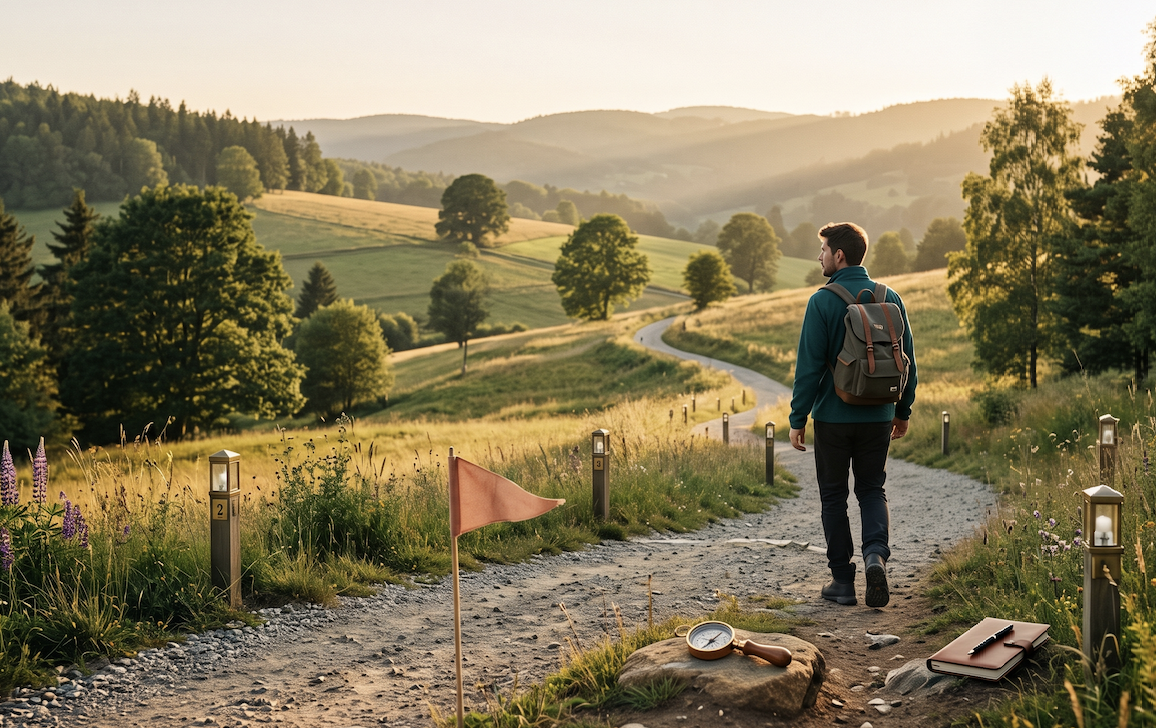 A person walking along a winding gravel path through rolling green hills toward a glowing golden sunset.