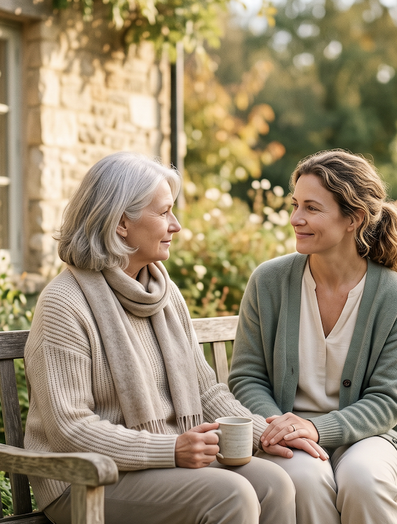 featuring an older woman with silver hair and an adult daughter sitting together on a wooden garden bench outside a stone cottage.