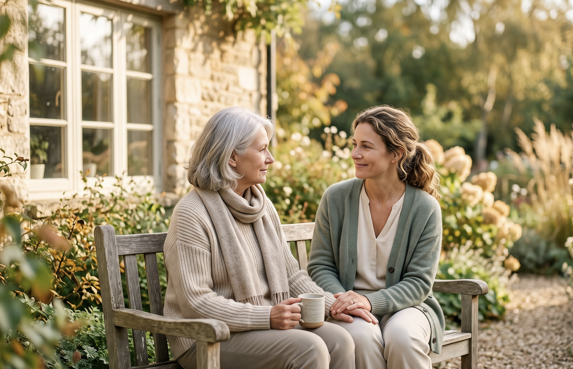 featuring an older woman with silver hair and an adult daughter sitting together on a wooden garden bench outside a stone cottage.