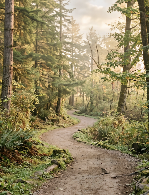 A winding dirt trail curves through a dense, sunlit forest.