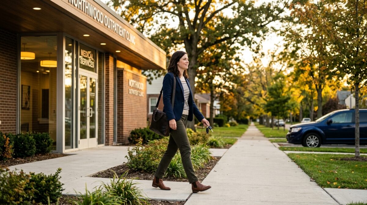 Adult leaving an outpatient clinic in Palos Heights at the end of the workday