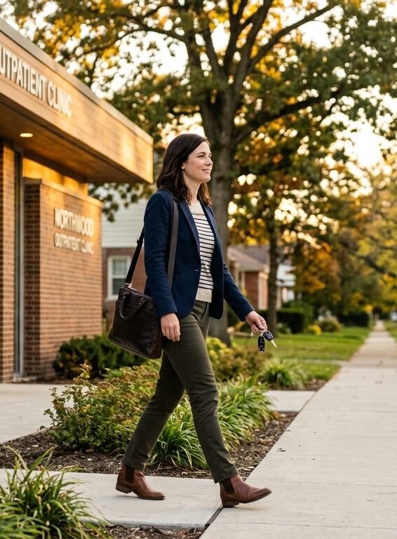 Adult leaving an outpatient clinic in Palos Heights at the end of the workday