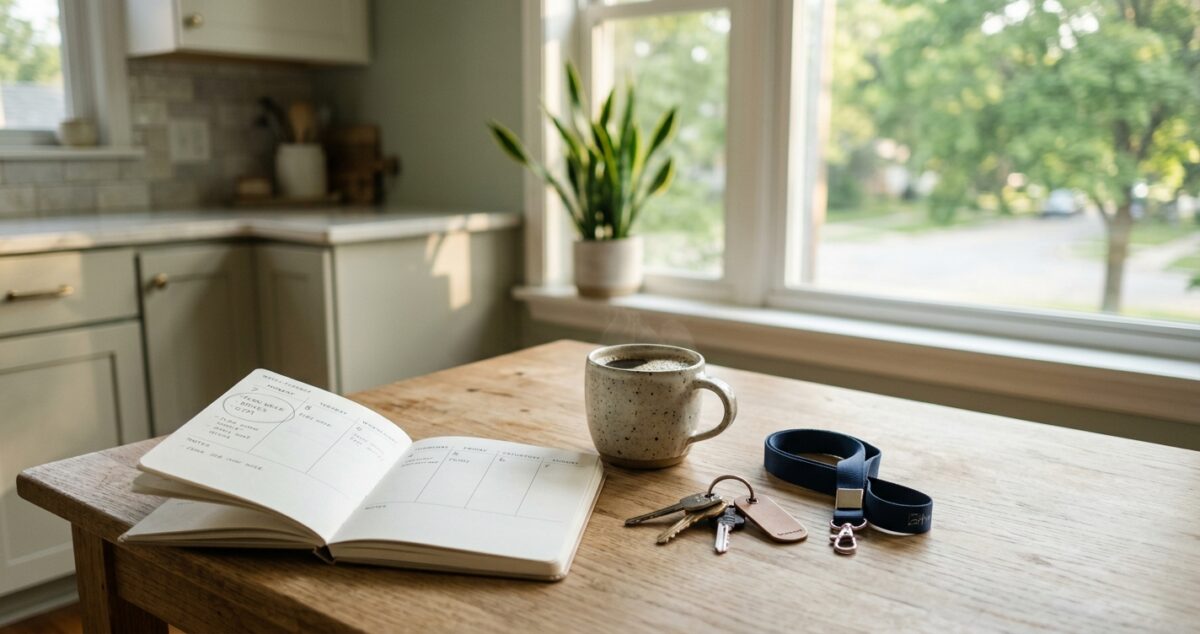 Open weekly planner with the first day circled, beside a coffee mug and car keys on a sunlit kitchen table