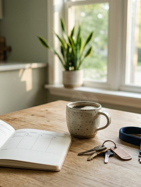 Open weekly planner with the first day circled, beside a coffee mug and car keys on a sunlit kitchen table
