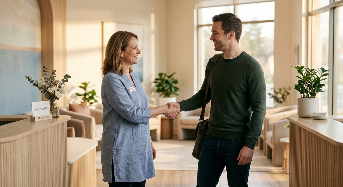 Person walking into a bright, welcoming clinic entrance during golden hour, symbolizing an approachable first step toward opioid addiction treatment