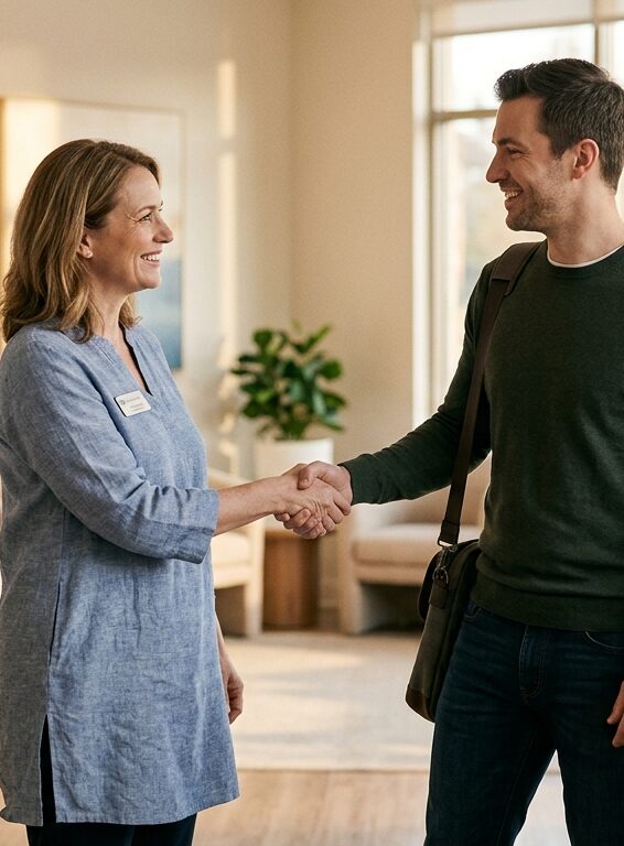Person walking into a bright, welcoming clinic entrance during golden hour, symbolizing an approachable first step toward opioid addiction treatment