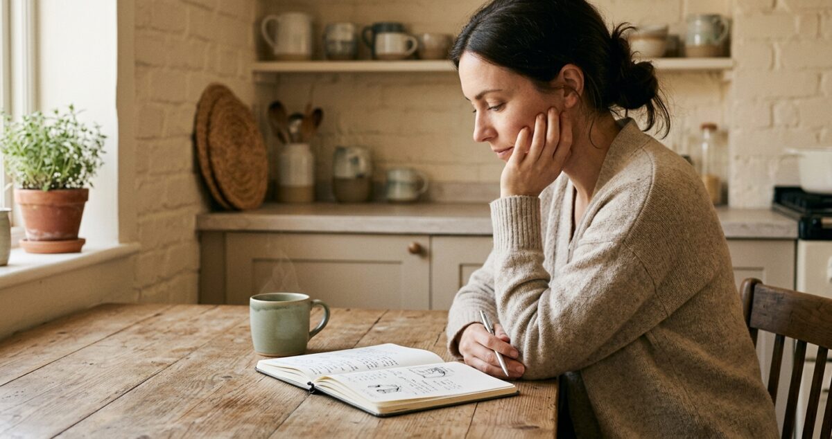 person reflecting quietly with a journal, considering their options