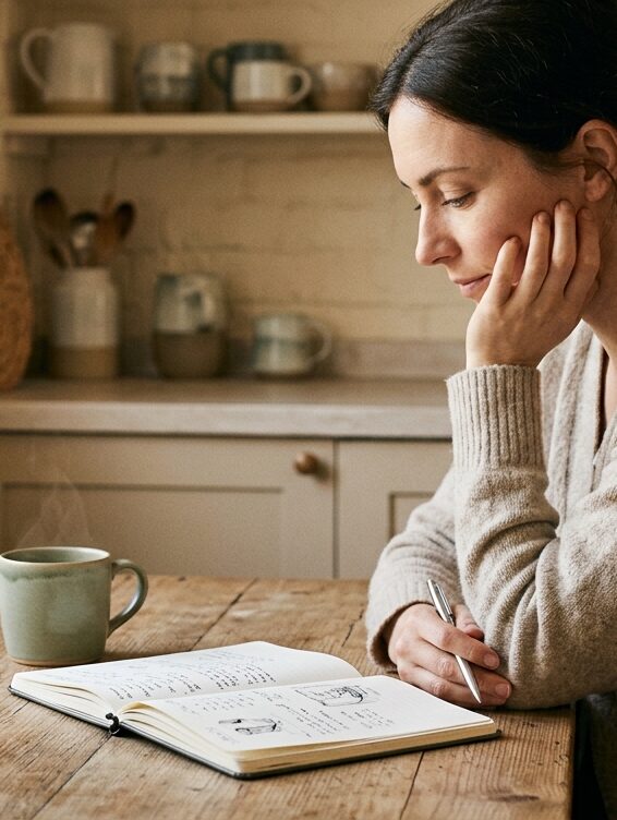 person reflecting quietly with a journal, considering their options