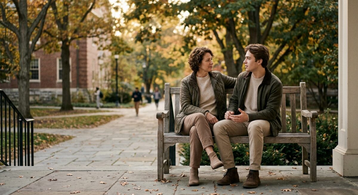 Parent and young adult having a calm conversation together outdoors near campus