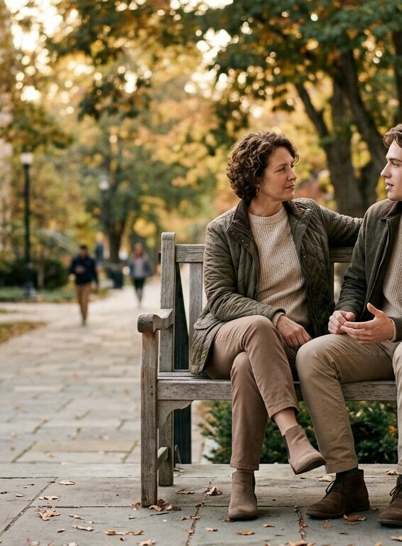 Parent and young adult having a calm conversation together outdoors near campus