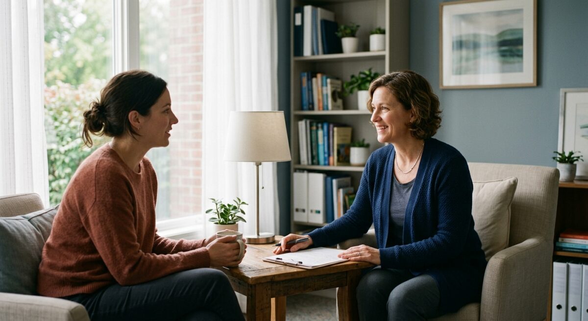 Patient and clinician in a warm, relaxed conversation at an outpatient recovery clinic