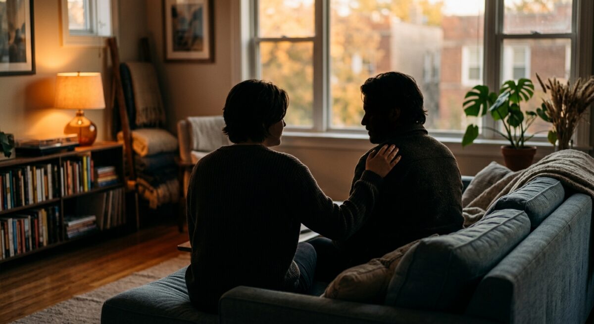 Two people sitting together on a couch having a supportive conversation at home