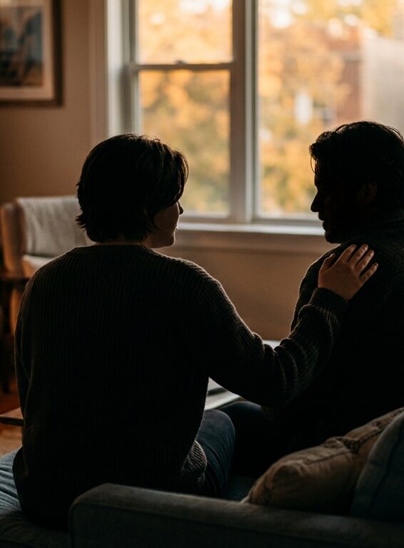 Two people sitting together on a couch having a supportive conversation at home