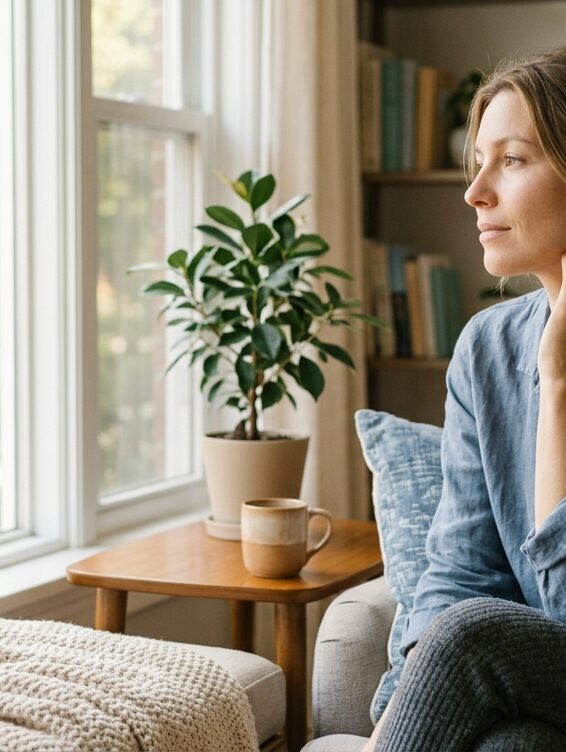 Person sitting calmly by a window with a thoughtful, peaceful expression, symbolizing readiness to begin a Suboxone taper
