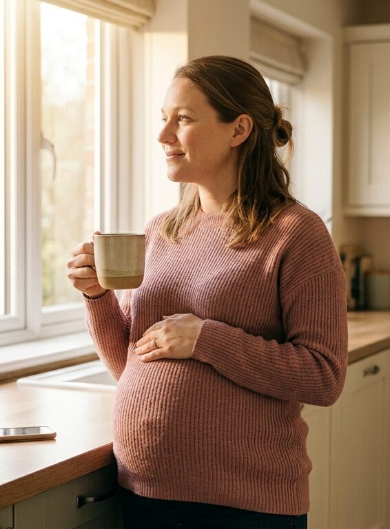 Pregnant woman talking with a healthcare provider in a calm outpatient consultation room