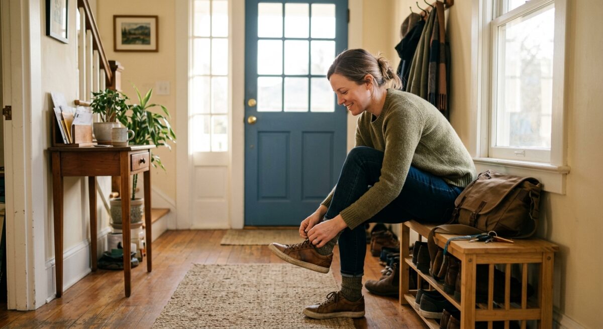 Person getting ready for their day in a calm morning home routine