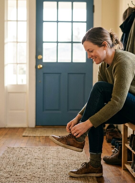 Person getting ready for their day in a calm morning home routine