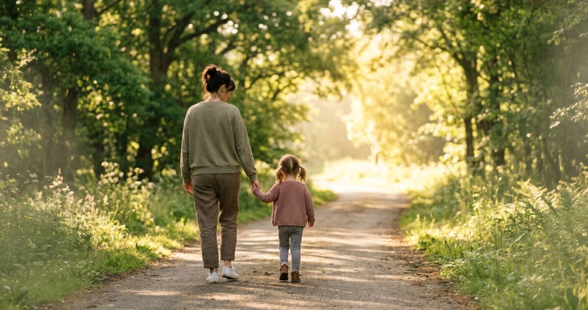 Parent and young child walking hand in hand along a sunlit, tree-lined path