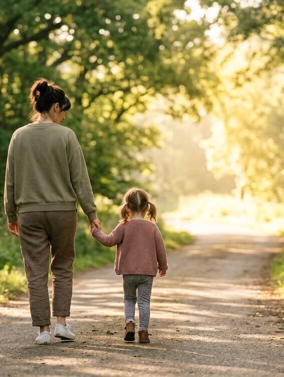 Parent and young child walking hand in hand along a sunlit, tree-lined path