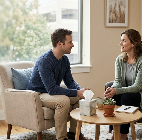 A patient in a counseling session with a compassionate provider at a Vernon Hills MAT clinic, discussing restarting opioid use disorder treatment