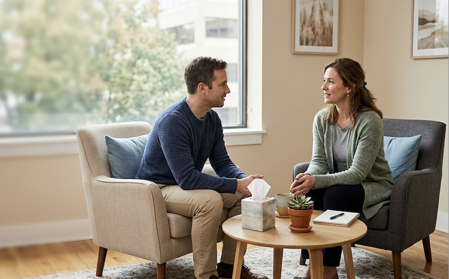 A patient in a counseling session with a compassionate provider at a Vernon Hills MAT clinic, discussing restarting opioid use disorder treatment