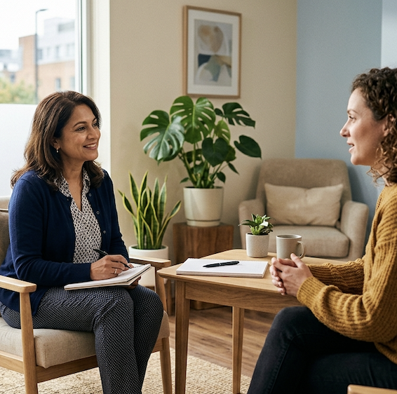 Healthcare provider having a supportive conversation with a patient in a calm, softly lit consultation room