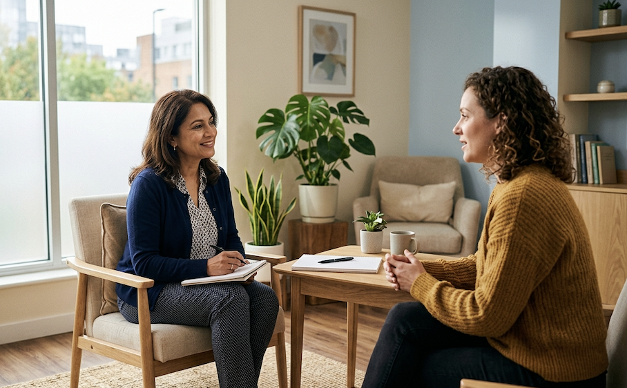 Healthcare provider having a supportive conversation with a patient in a calm, softly lit consultation room