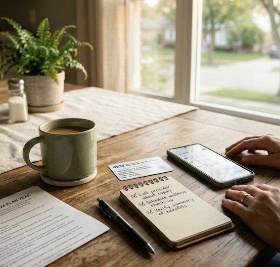 Insurance card, smartphone and checklist on a kitchen table, used to check addiction treatment coverage in Palos Heights.