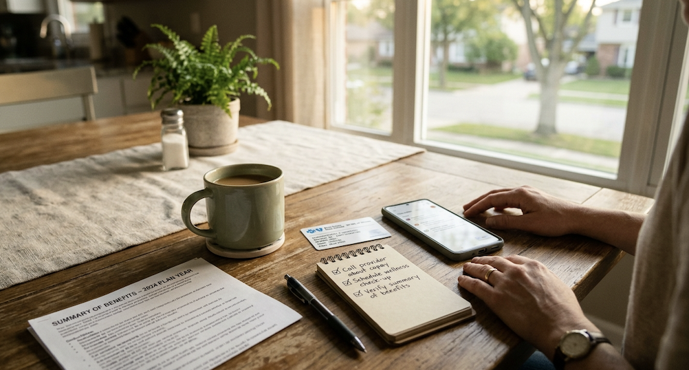 Insurance card, smartphone and checklist on a kitchen table, used to check addiction treatment coverage in Palos Heights.